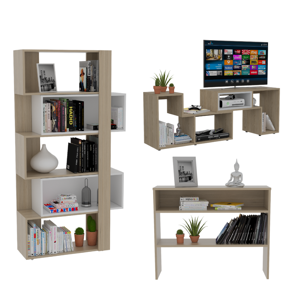 Rack Extensible + Biblioteca Cubo + Arrimo Beijing Color Rovere Para Sala De Estar